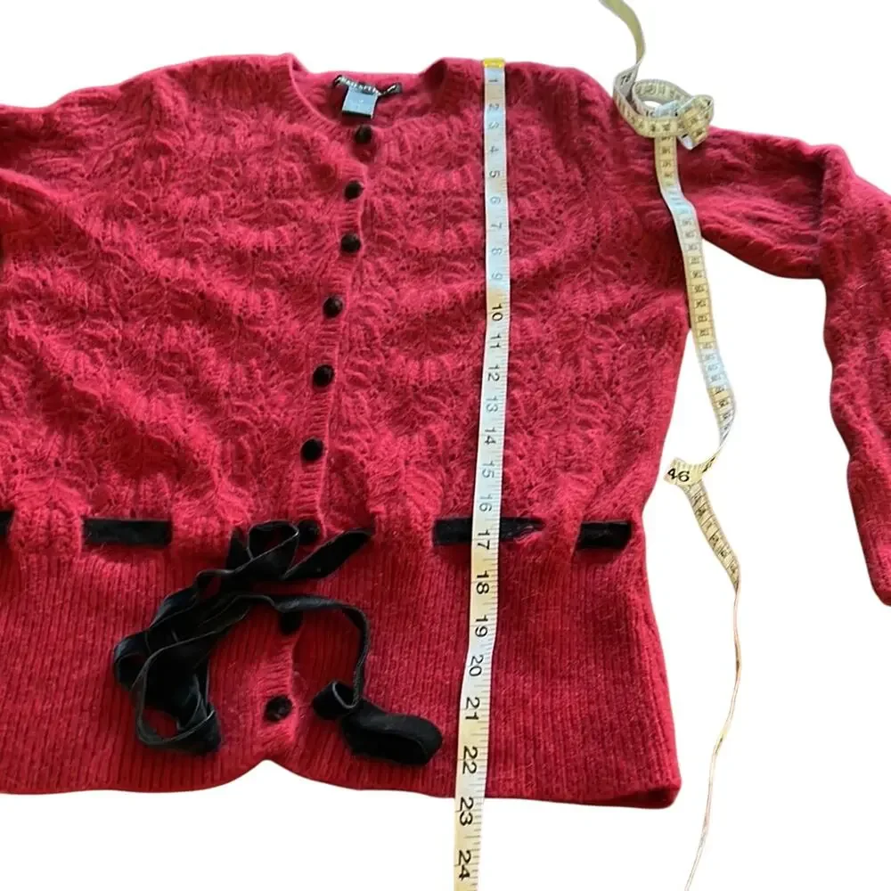 Sarah Spencer M Red Knit Cardigan Sweater with Black Velvet Ribbon and Buttons